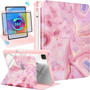 Uppuppy for iPad Pro 12.9 Case Folio Cover with Pencil Holder Women Girls Cute Girly Kawaii Teens Aesthetic Unique Fashion Rotating Stand for Apple iPad Pro 12.9 Inch Cases 2022/2021/2020/2018 (1-Pink Marble)