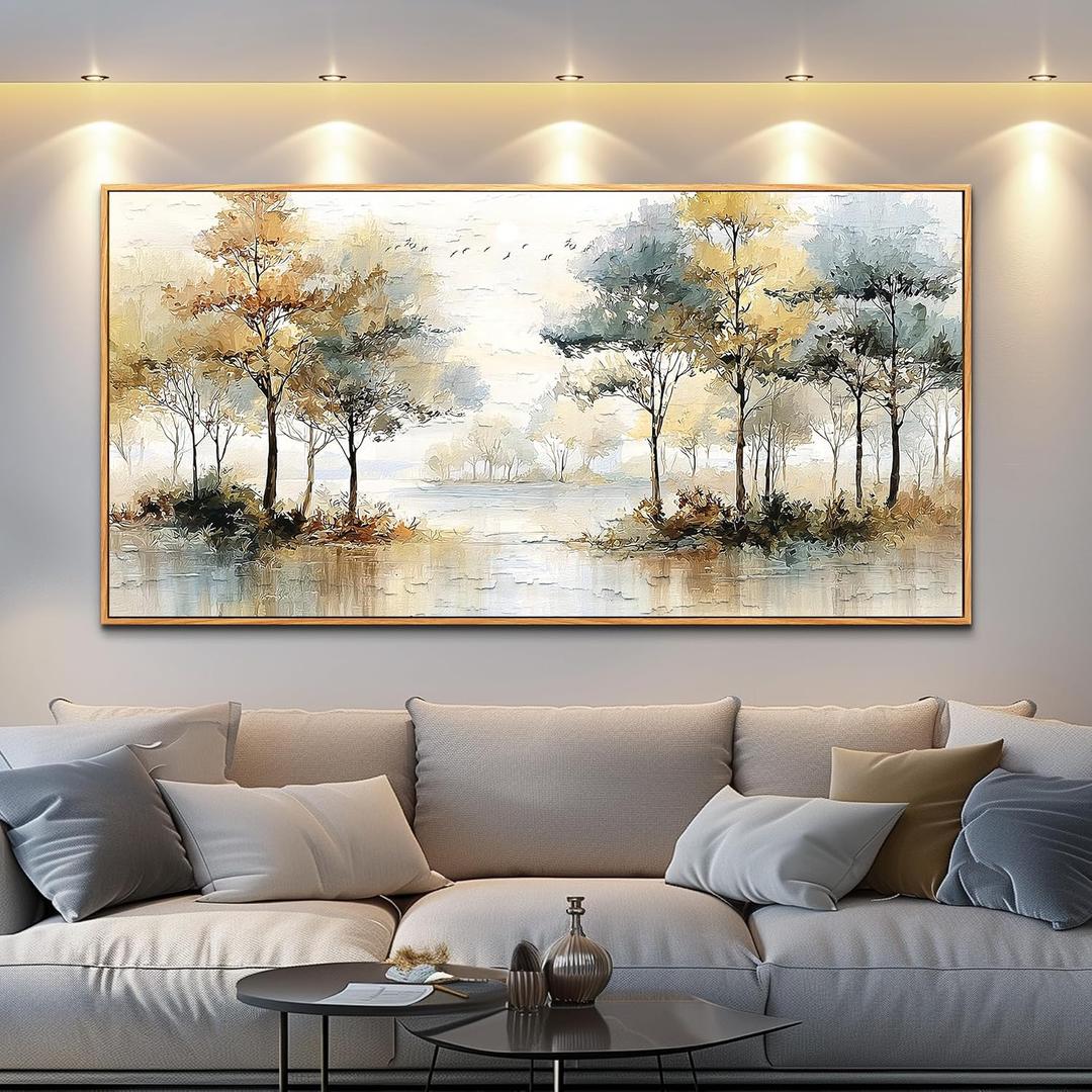 JUDASJART Large Wall Decor For Living Room Canvas Wall Art For Office Modern Wall Decorations For Bedroom Autumn Trees Waterscape Landscape Painting Farmhouse Pictures Artwork Room Home Decor 24x48 In