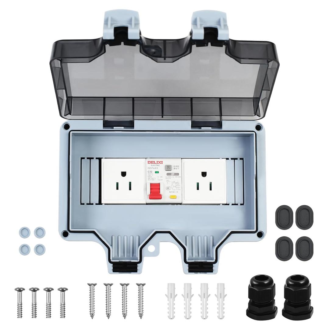 Outdoor Power Outlet with 32A Leakage Protection, IP66 Waterproof, 15A 110-250V, Lockable, Grey Plastic, Outdoor-Electrical-Outlets