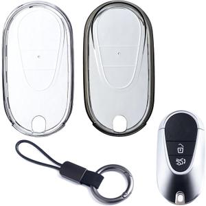 Car Key Fob Cover Case Keychain Compatible with Mercedes Benz C300 C43 S500 S560 GLC 300 EQE 350 500 EQS 450 580 AMG SL55 (2 Pack with Chain) (Clear & Black Transparent)