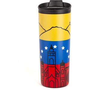 Venezuela Vacuum Insulated Stainless Steel Thermal Travel Mug, 16 Oz, Easy Clean, Flip leak Proof Lid Venezuelan Flag with Icons from Caracas (Yellow)