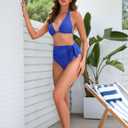 Women Modest Tummy Control Bikini Set High Waisted Ruched Bathing Suit Halter Tie Side Swimsuit (Blue, S)