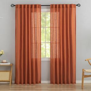 Rust Burnt Orange Linen Back Tab Curtains - 92 Inch Long, 2 Panel Set for Living Room - Boho Energy Saving Semi Privacy Sheer Curtains with Pocket, Light Filtering for Patio Door, 52" x 92"