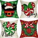 Merry Christmas Decorative Throw Pillow Covers 20 x 20 Set of 4, Xmas Candy Wreath Red Green Bow Cushion Case Decor, Noel Joy Winter Holiday Farmhouse Home Sofa Couch Decoration