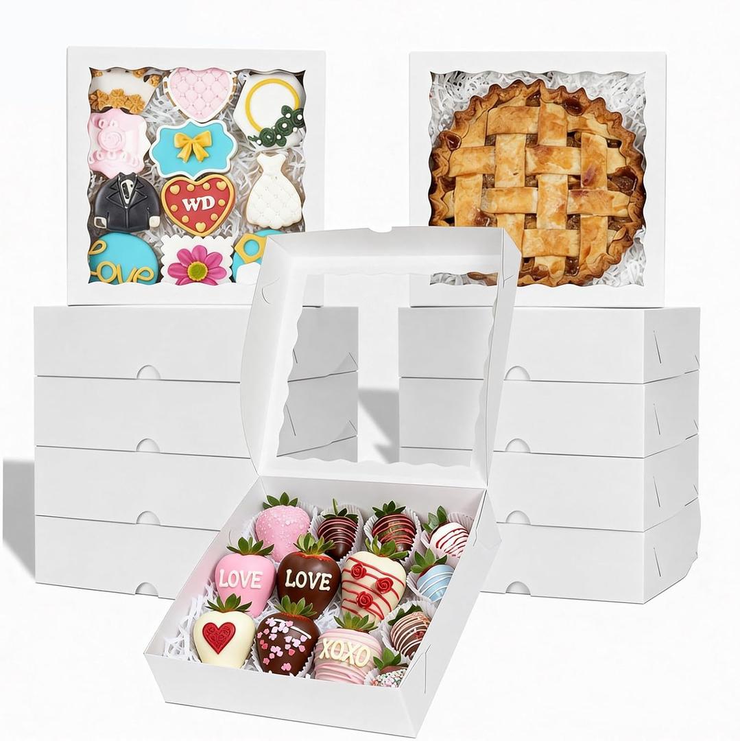 50pcs 9x9x2.5 Inches White Bakery Boxes - Cookies, Pie, Chocolate Covered Strawberries, Breakable Heart, Charcuterie Boxes for Valentine's & Christmas
