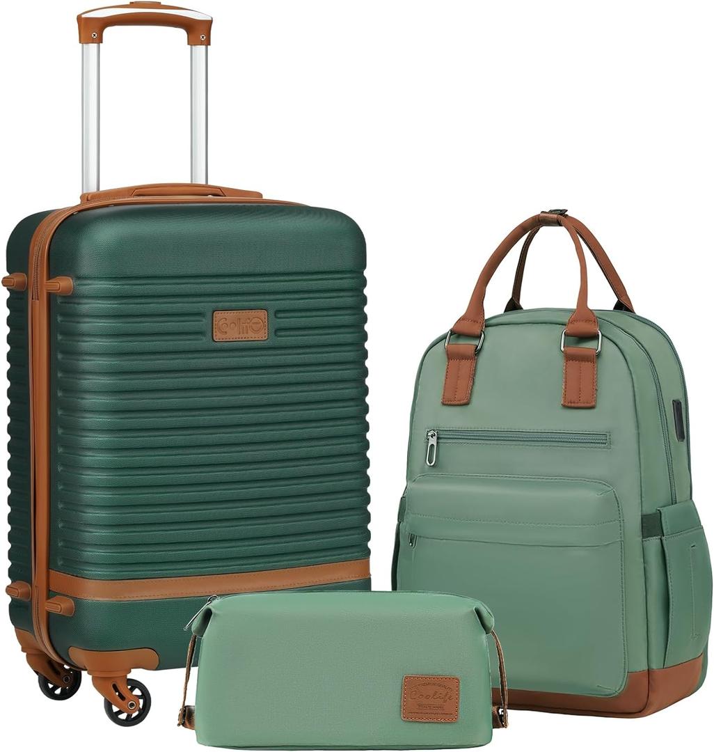 Coolife Suitcase Set 3 Piece Luggage Set Carry On Travel Luggage TSA Lock Spinner Wheels Hardshell Lightweight Luggage Set(Dark Green, 3 piece set (BP/TB/20))