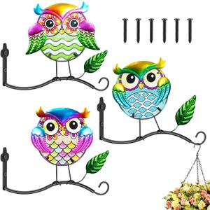 Metal Birds Wall Art Decor with Hanging Hooks, 3D Colorful Bird Outdoor Hanging Wall Art Patio Fence Decorations, Plant Bracket for Planters Wind Chimes Lanterns Garden Patio Decor (Owl)