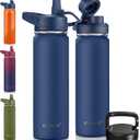 CIVAGO 22 oz Insulated Water Bottle With Straw, Stainless Steel Sports Water Flask Cup with 3 Lids (Straw, Portable Spout and Handle Lid), Double Walled Travel Thermal Canteen Mug, Navy Blue