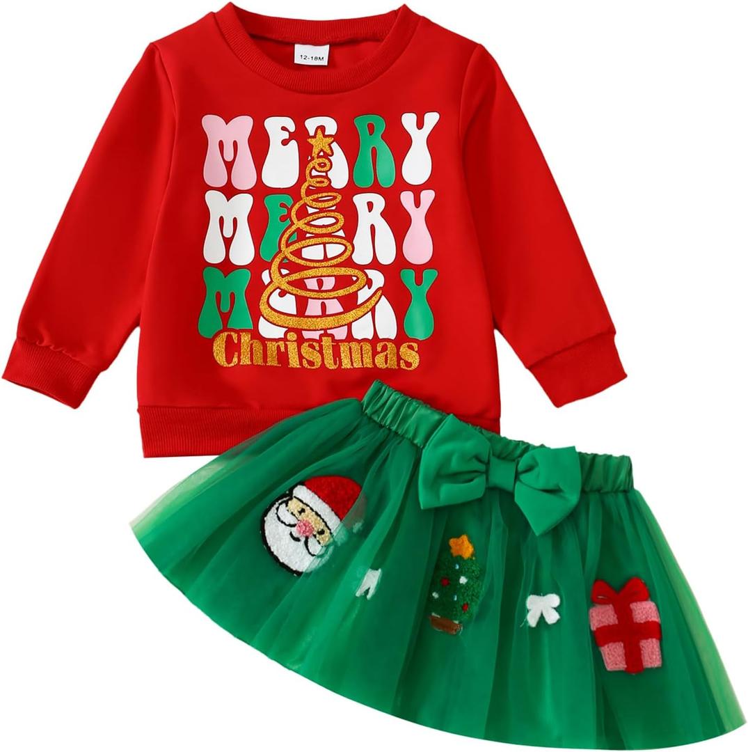 Toddler Girl Christmas Outfit Santa Claus Sweatshirt+Tutu Gauze Skirts Winter Clothes 1-7 Years (2-3T, New-red-christmas Tree)