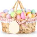 Leinuosen Easter Basket Wicker Picnic Basket with Wooden Egg Cutout Woven Candy Storage Gift Wine Baskets with Handle for Easter Egg Gathering Outdoor Camping Wedding Birthday Party Supplies(Pink)