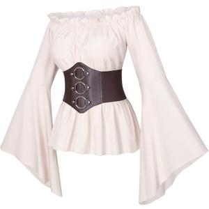 Womens Renaissance Victorian Peasant Ruffle Smocked Waist Boho Pirate Shirt Blouse with Belt Set (Large, Beige)