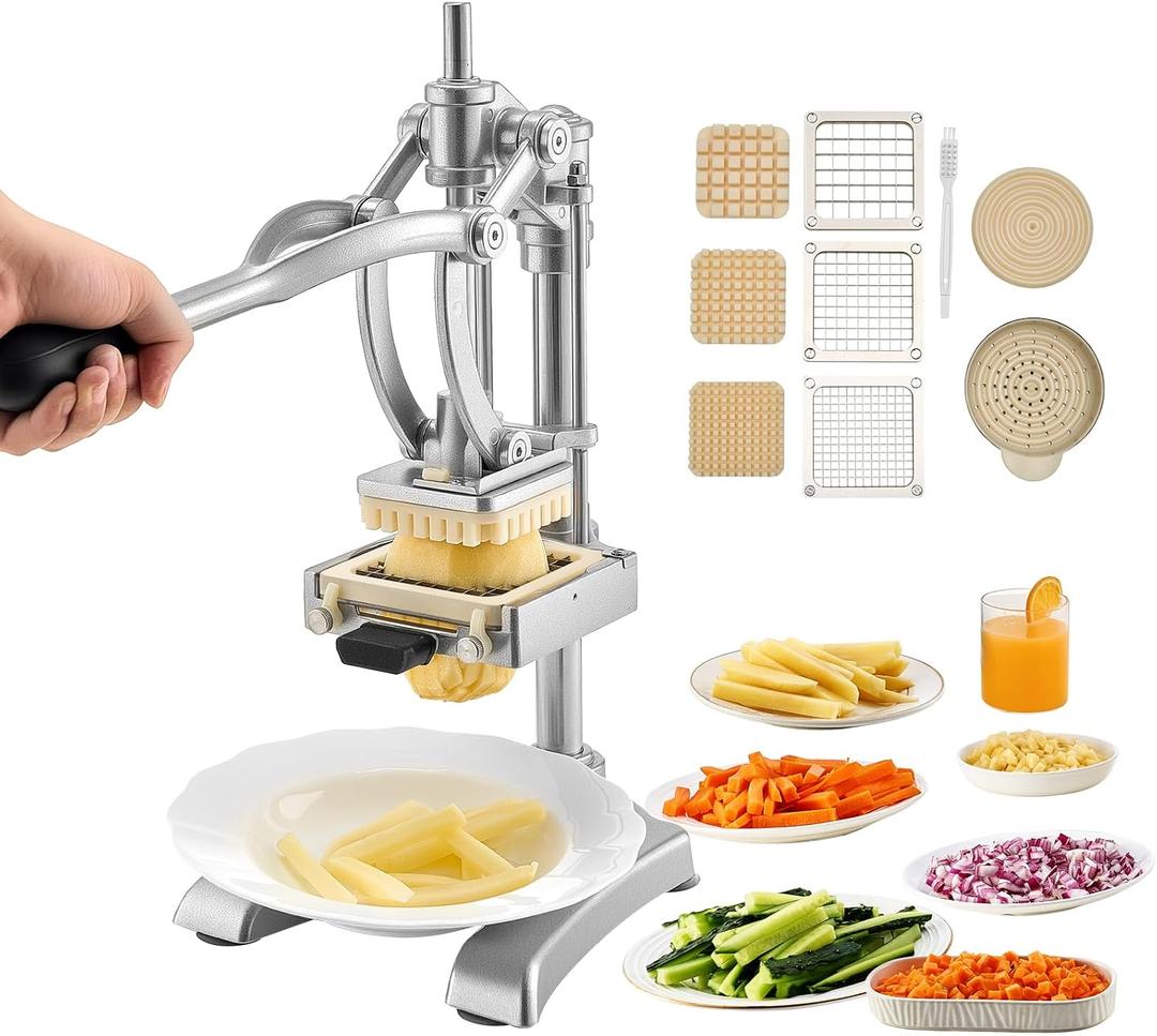 VEVOR French Fry Cutter, Ergonomic Potato Slicer with 3 Blades (1/2", 3/8", 1/4") & Juicer Plate, Easy-Replace Vegetable Chopper Dicer for Carrot, Onion, Lemon, Ideal for Home & Commercial Kitchens