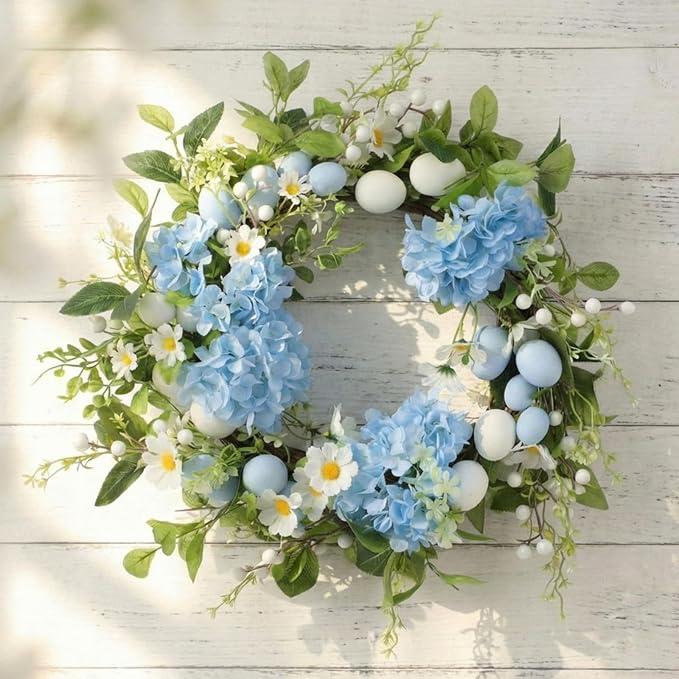 Suncalla Hydrangea Easter Wreaths for Front Door with Easter Eggs Blue and White Floral Spring Wreath for Front Door Indoor Outdoor Home Wall Window Festival Decoration