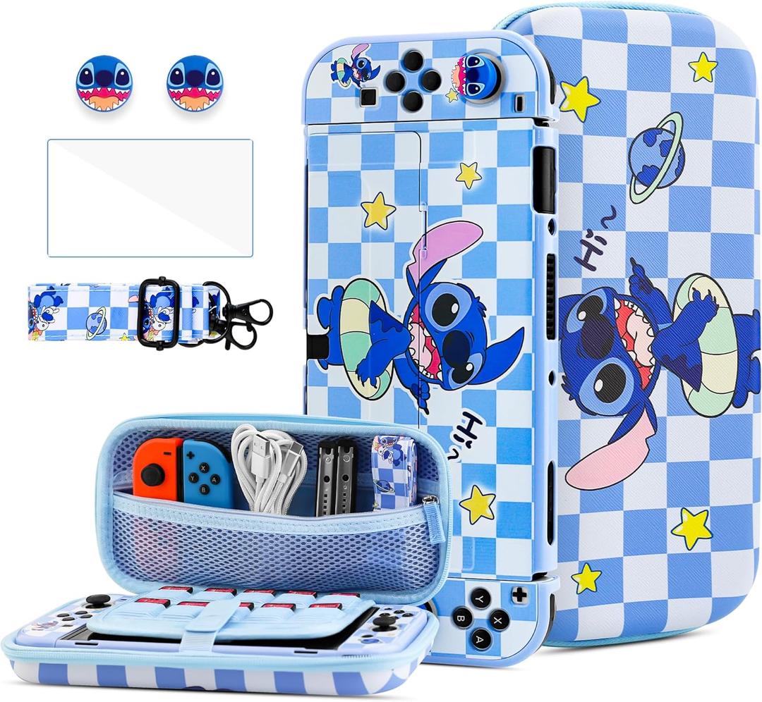 HYPERCASE Cute Carrying Case Set for Nintendo Switch OELD, with Blue Cartoon Travel Bag for OLED Accessories, Hardshell Switch OLED Protective Cover, Screen Protector, Shoulder Straps & 2 thump caps