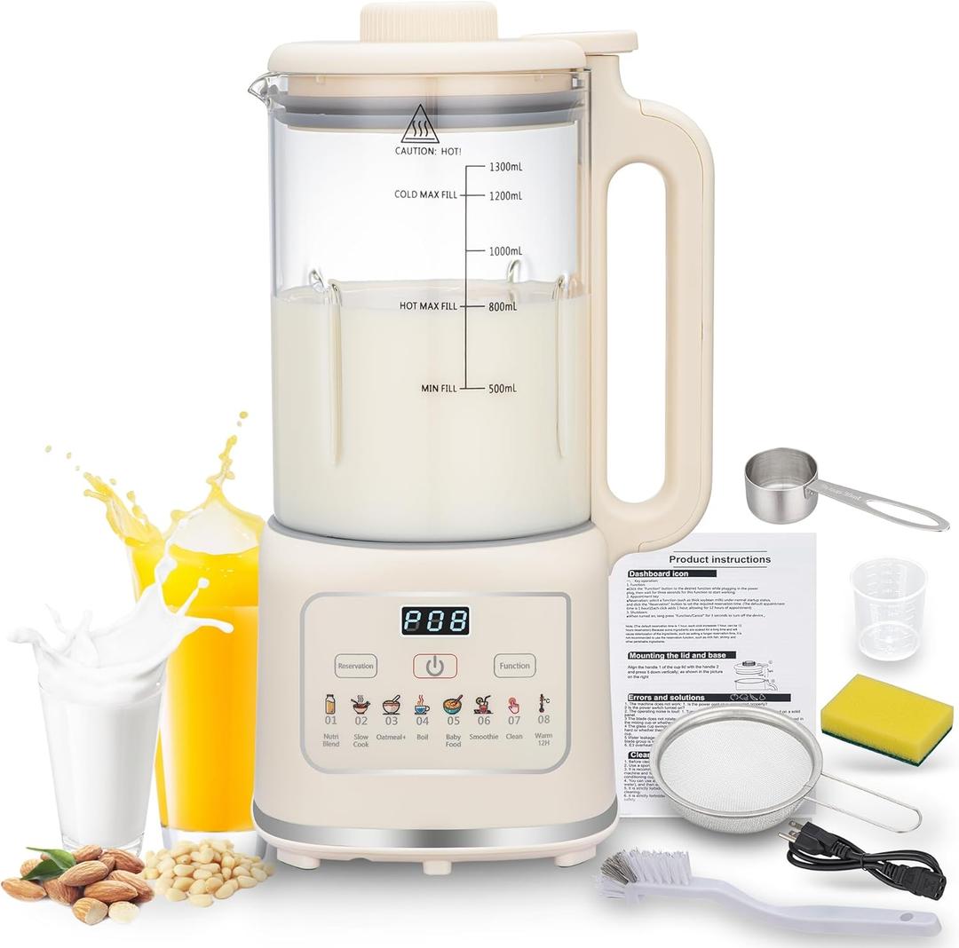 8 in 1 Nut Milk Maker Blender With 20 Bladers,40oz Soy, Almond, Oat, Coconut, Plant Based and Non Dairy Beverages, Automatic Soybean Machine With Delay Start/Keep Warm/Boil Water/Auto-clean.