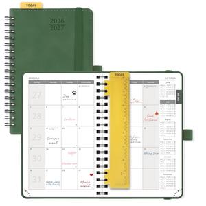 POPRUN 2026-2027 Monthly Planner, Small 4" x 6.25", 18 Month Calendar Agenda (July 2026 - December 2027) with Expense Tracker, Notes Pages, Sprial Bound, Leather Softcover - Green