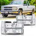 Headlights Assembly Pair for 1994-1998 OBS Chevy Silverado C/K 1500 2500 3500 Suburban, 1995-1999 Chevy Tahoe Headlamps Replacement w/Bumper Lights (LH RH),Chrome Housing Clear Reflector