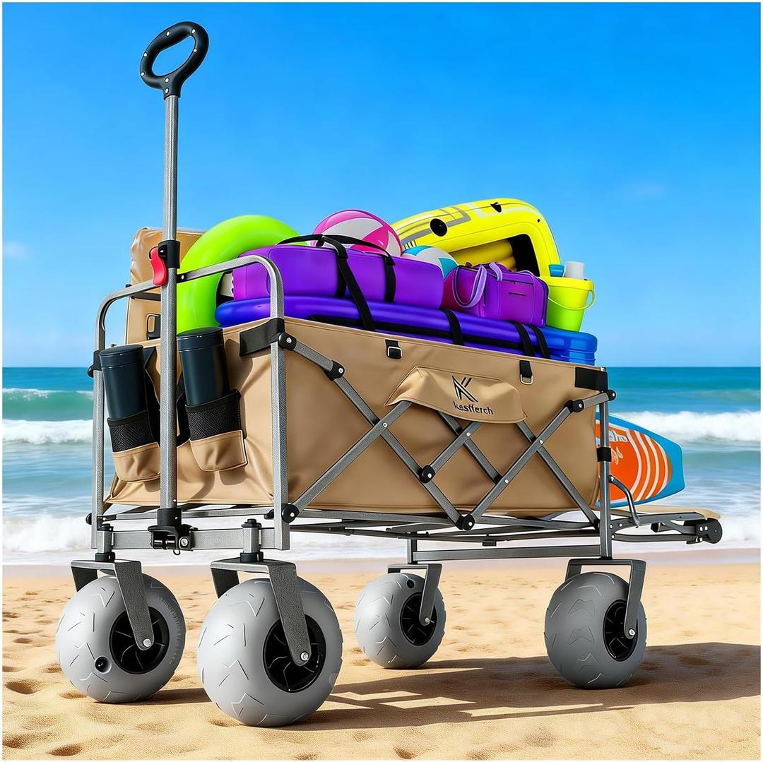 Beach Wagon with Big Wheels for Sand 10" Balloon Tires & 450lb Heavy Duty Foldable Cart | Removable All-Terrain Design for Camping, Garden, Beach & Groceries