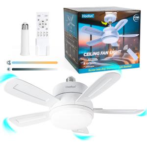 15.7" Socket Fan with Light and Remote, 3000K-6500K, 1700LM, Wireless Screw in Light Socket Fan for Bedroom, Kitchen, Living Room, Garage, E26 Base (White)