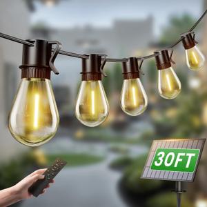 Outdoor Solar String Lights, 30FT Waterproof S14 LED Patio Lights with 13 Shatterproof Bulbs, USB Rechargeable, 2200K Warm White, Energy-Saving Hanging for Garden, Porch, Bistro, Camping (Solor Powered-30FT)
