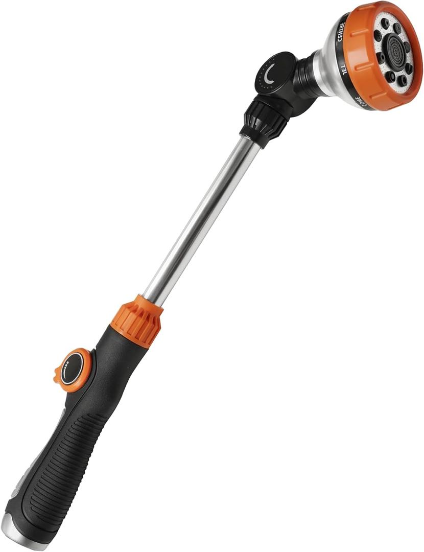 Diivoo Watering Wand Heavy Duty, Metal Garden Hose Wand with 8 Spray Patterns, 18 Inch Long Hose Nozzle Sprayer with Thumb Flow Control & 180 Adjustable Spray Angle, Ideal for Plants,Flowers,Car (Orange)
