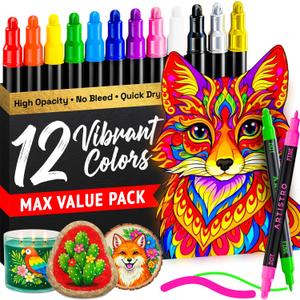 ARTISTRO 12 Precision Dual-Tip Acrylic Paint Markers Paint Pens Set with Dot & Fine Tips for Fabric, Rock, Glass, Wood, Coloring Books Classroom & Art Supplies Gift Teacher Appreciation Gift