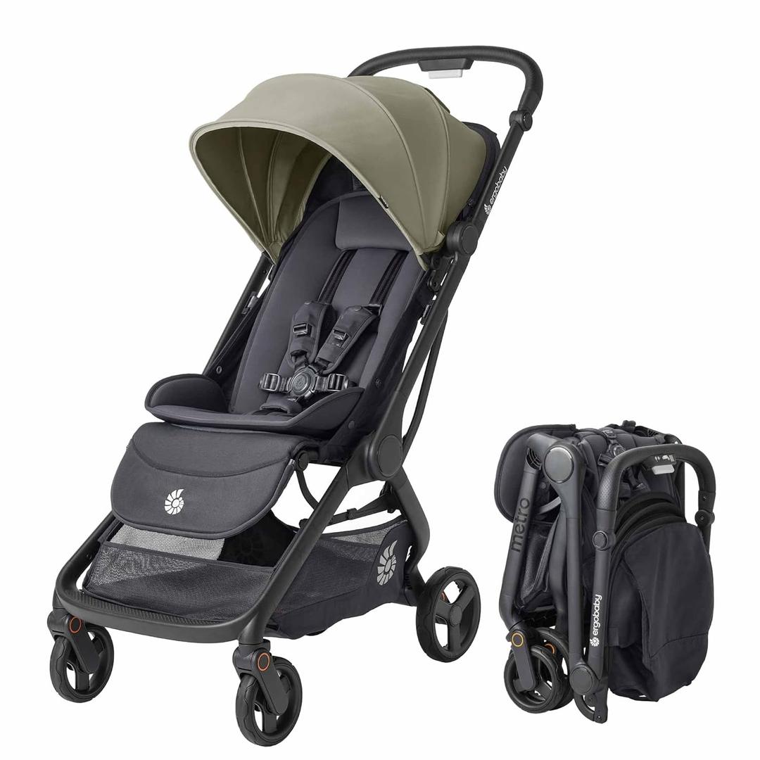 Ergobaby Metro 3 All in One Compact Baby Stroller, Lightweight Travel Stroller, Easy One-Hand Fold for Overhead Airplane Storage (Carries up to 50 lbs), Car Seat Compatible, Soft Olive