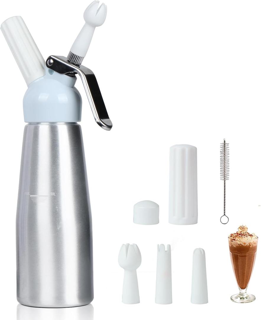 Professional Whipped Cream Dispenser, 500ml Whipped Cream Canister,Sturdy Aluminum Whipped Cream Maker with 3 Decorating Nozzles,Use Standard 8g N2O Cream Chargers (Chargers Not Included) (1 Pint-white)
