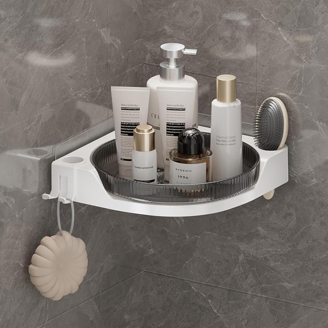 360 Rotating Makeup Organizer Spinning Bathroom Organizer 1 Pack Corner Storage Organizer with Hooks for Perfume Lotion Skincare Organizer Countertop Kitchen Storage(Smoky Grey)