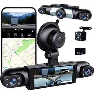4 Channel Dash Cam 360 View, 1080P Front and Rear Inside, Left Right Dash Camera for Cars, Night Vision, WiFi & APP Control, G-Sensor, Loop Recording with 64GB SD Card (Y108WiFi+64G)