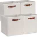 Temary Fabric Storage Cubes Storage Bins with Dual Leather Handles, 4 Pack Cube Baskets 13x13 Foldable Cube Organizers for Shelves, Home, Office, Nursery (131313, Beige)