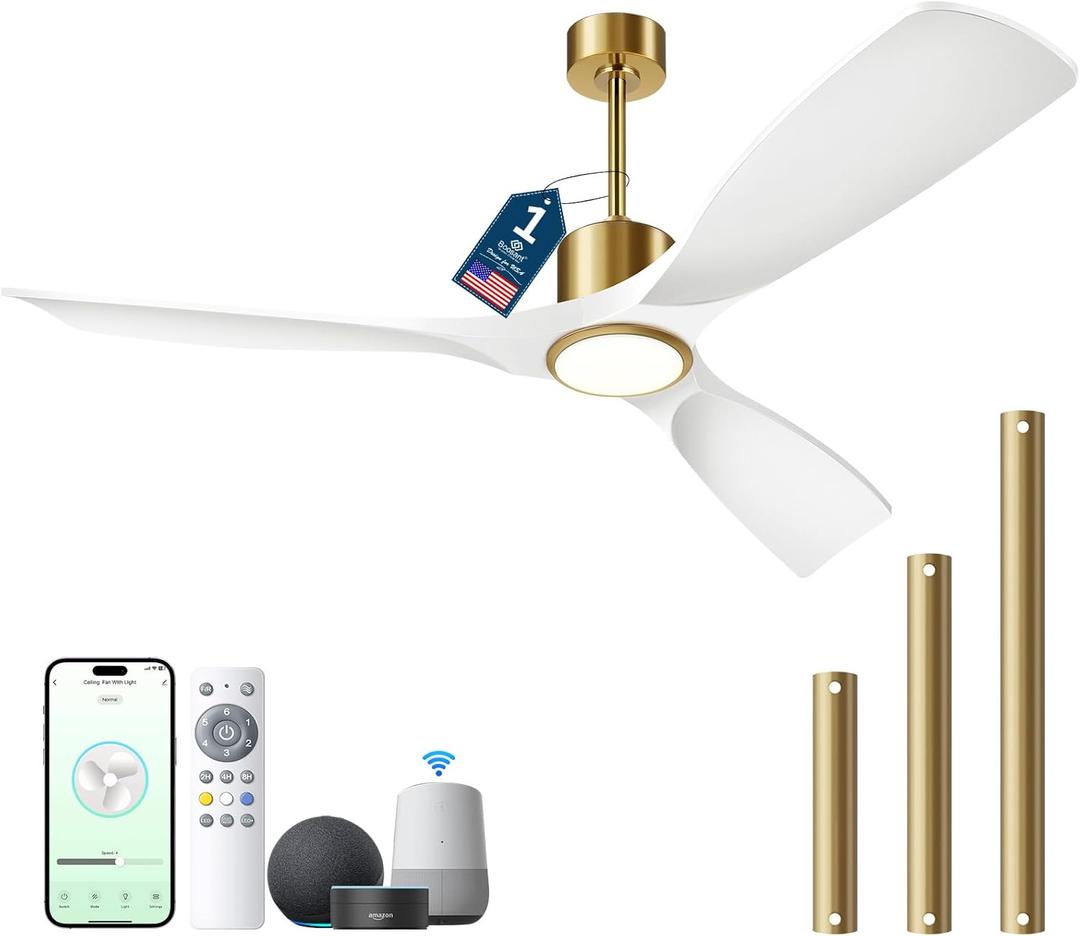 Ceiling Fans with Lights, Ceiling Fans with Lights and Remote Control, 52 inch Modern Smart White and Gold Ceiling Fan, Outdoor Ceiling Fans for Patios 3 Blade Bedroom FarmhouseWhite
