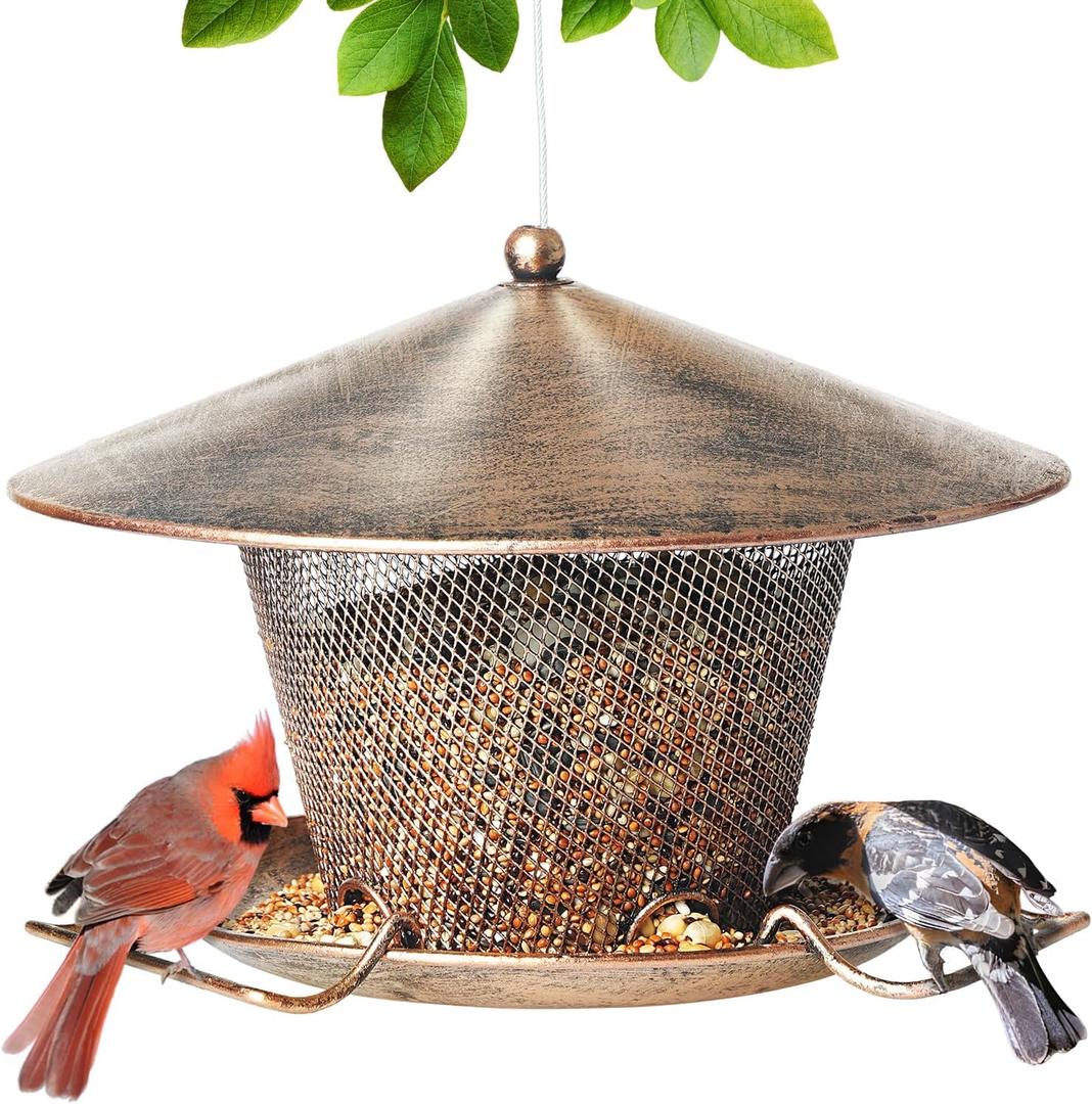 Bird Feeder for Outdoor, Rainproof Weatherproof Metal Hanging Wild Bird Feeder with 9.8" Roof 3 LBs Seeds Capacity, Easy to Clean & Refill (Bronze)
