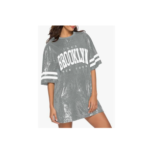 Jigfar Women's Sparkly Sequin Short Sleeve T-Shirt Dress Casual Loose Cute Tunic Blouse, L, Gray