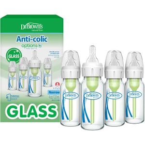 Dr. Brown's Anti-Colic Options+ Narrow Glass Baby Bottle with Level 1 Slow Flow Nipple, BPA-Free, 4 oz/120mL, 4-Pack