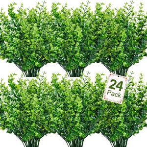 Ouddy Decor 24 Bundles Artificial Greenery Stems Fake Plants Outdoor UV Resistant Faux Plastic Boxwood for Kitchen Office Garden Porch Farmhouse Window Box Home Decor