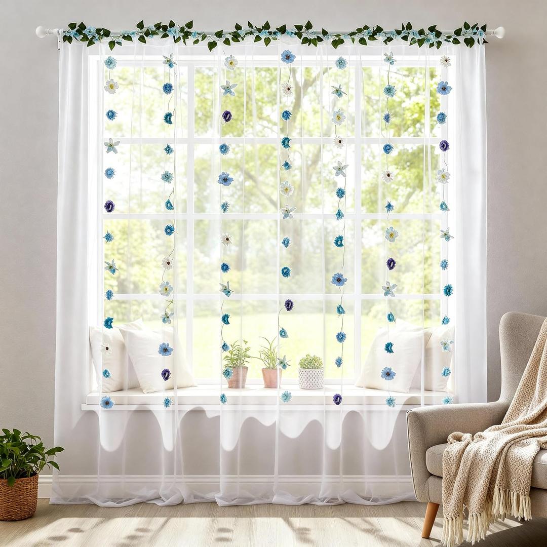 63 Pcs Flower Garland for Backdrop 2pcs 9.84 x 4.92 ft White Tulle Backdrop 1pc 7.55 ft Artificial Rose Vine 60 Fake Floral for Wedding Bridal Baby Shower Birthday Party Home Decor(Blue)