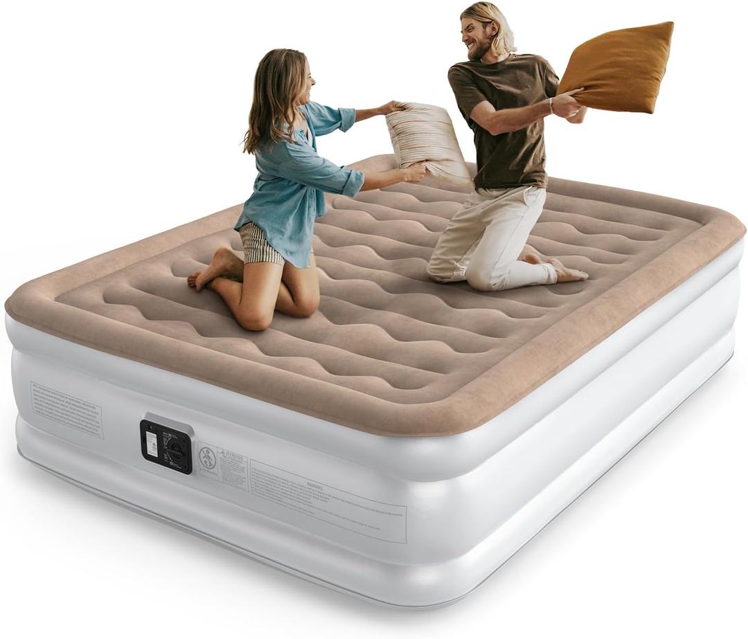 Air Mattress Queen with Built in Pump, Inflatable Mattress, Upgraded Blow up Mattress Queen Size for Home, Guest, Camping, Fast Inflation, Comfort Air Bed, colchon inflable (Light Brown)