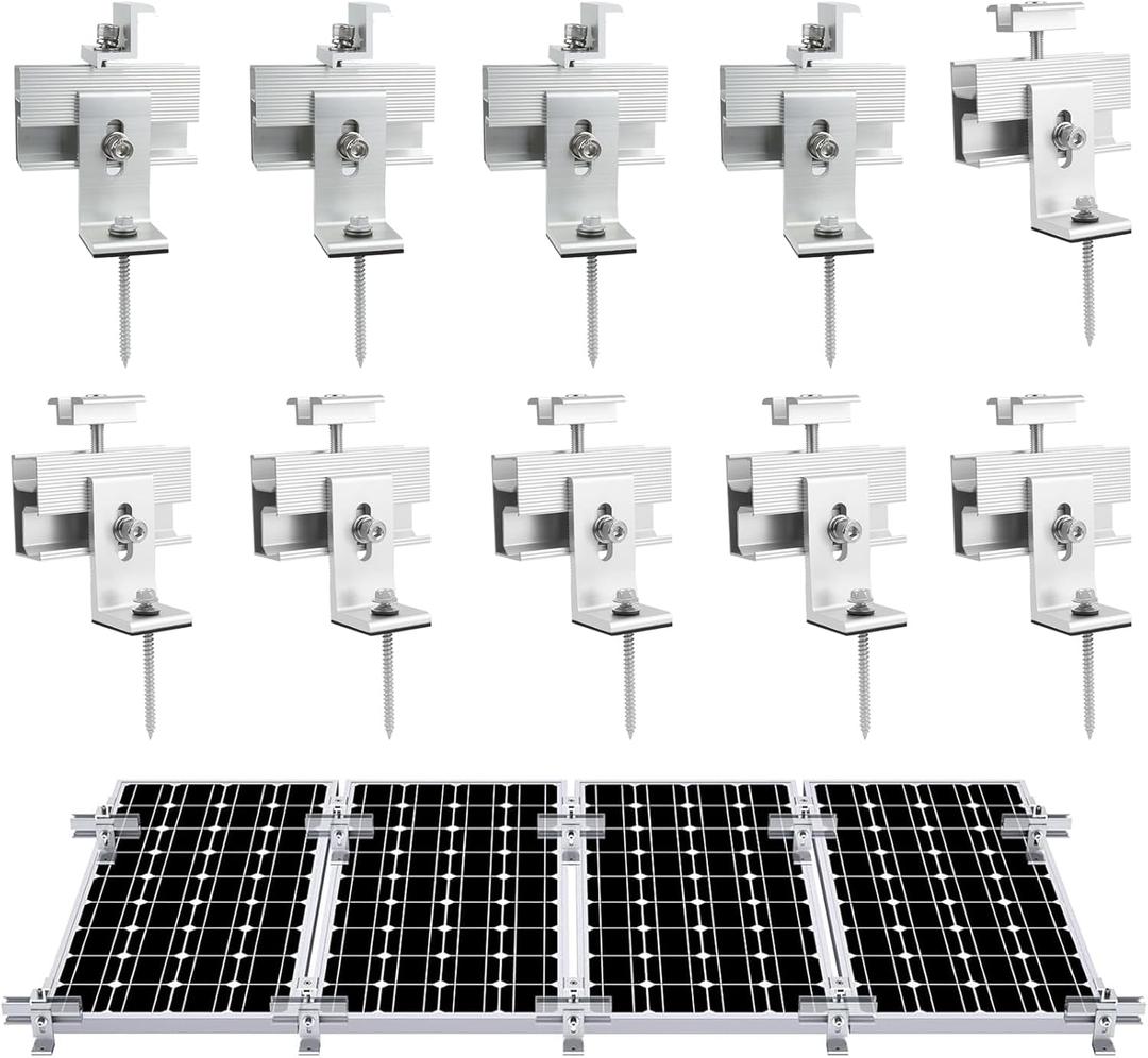 10PCS Solar Panel Mounting Brackets, Solar Panel Mount for 1-4PCS Thickness 1.4 Solar Panels, Solar Panel Brackets with 10x 6 Mini Rails 4X Water Drain Clips for Shingle,Slate,Metal and Tin Roof