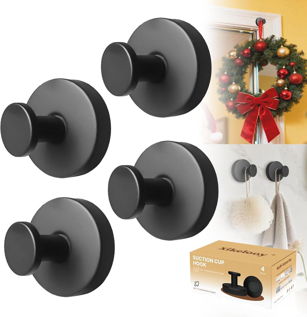 4Pcs Suction Cup Hooks, Suction Cup Hooks for Shower,Removable Towel Hooks for Bathroom Window Glass Door Wall, Bath Robe Looafh Wreath Hook for Hanging (Black)