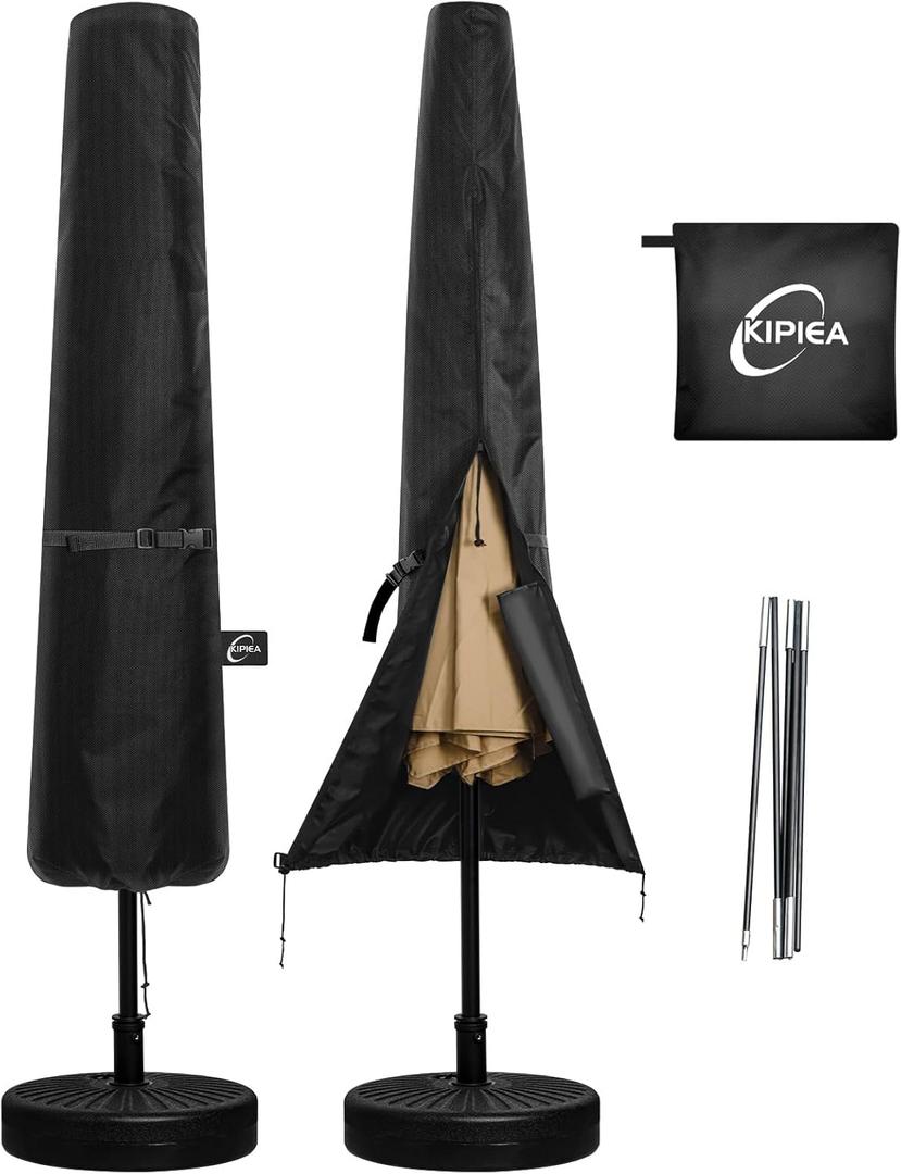 Kipiea Patio Umbrella Covers for 7.5'-10'Market Umbrella, Upgrade 500D Heavy Duty Outdoor Umbrellas Covers with Support Pole and Straps