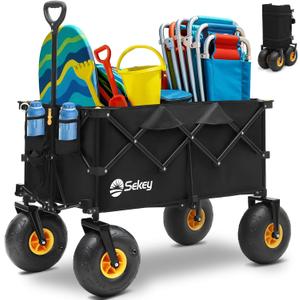 Heavy Duty Beach Wagon with 9" Big Sand-Proof Wheels 440lb Capacity, Sekey 200L Oversized Foldable Cart | Adjustable Handle & All-Terrain Tires for Sand, Camping, Groceries, Black