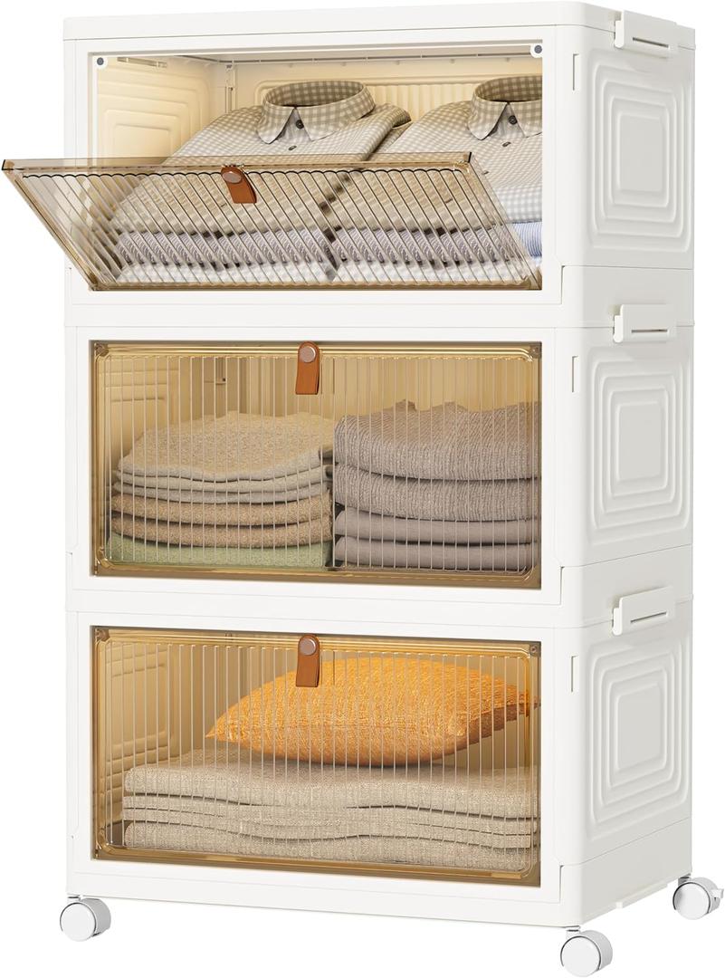 HOMIDEC Closet Organizers and Storage 70Qt 3 Pack Stackable Storage Bins with 1 Lid Closet Organizer Boxes for Clothes Foldable Storage Box for Clothes/Toys/Office Supplies/Snacks(23Qt X 3) (M, White)
