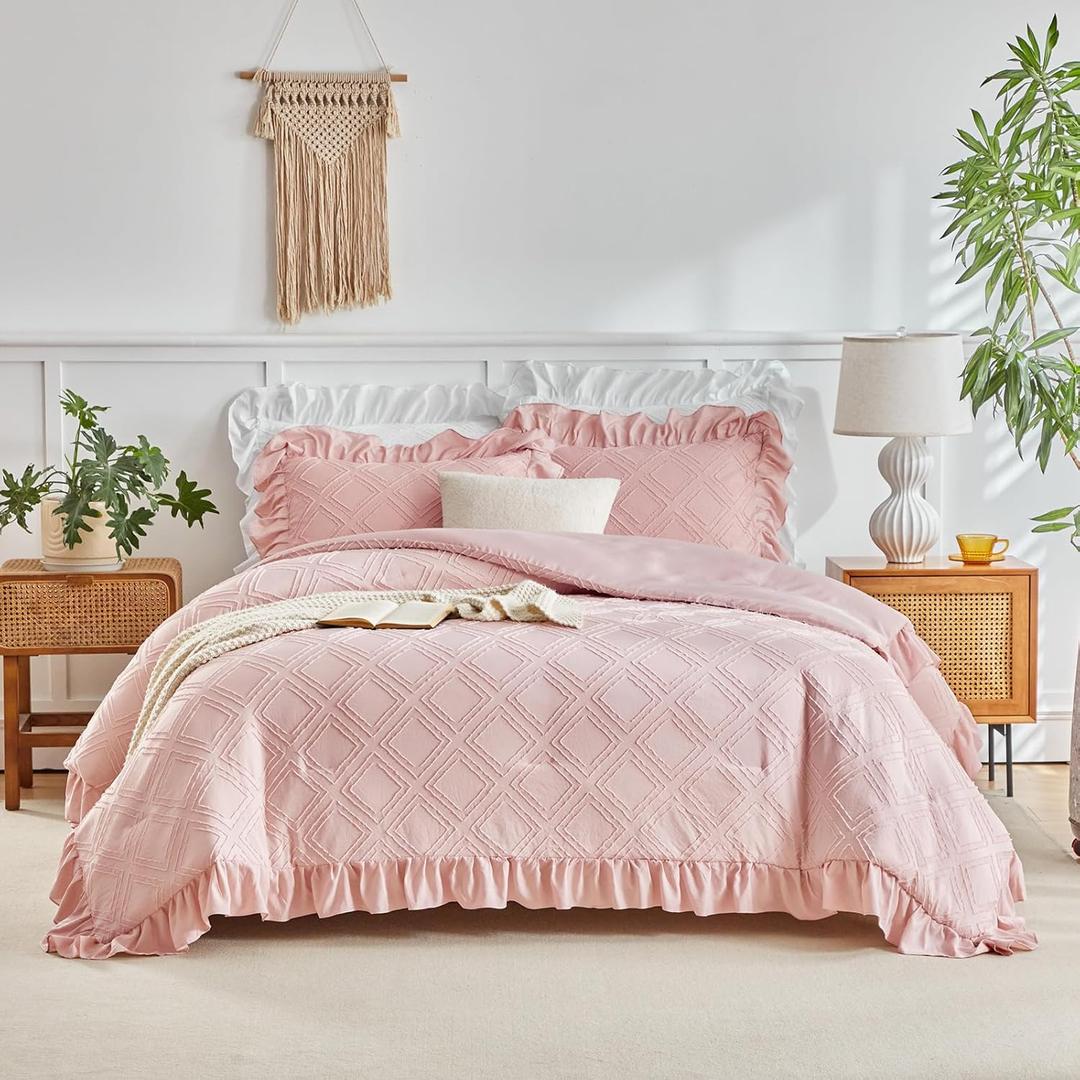 Tufted Ruffle Comforter Set Twin Size, 3 Pieces Blush Pink Ruffled Farmhouse Comforters, Luxury Solid Soft and Embroidery Shabby Chic Boho Bohemian Bedding Set for Girls (1 Comforter + 2 Pillowcases)