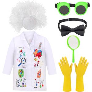 Kyson Kids Mad Scientist Costume 6 Pieces Science Crazy Lab Coat and Goggles Wig Gloves Bowtie Magnifier Halloween Dress Up