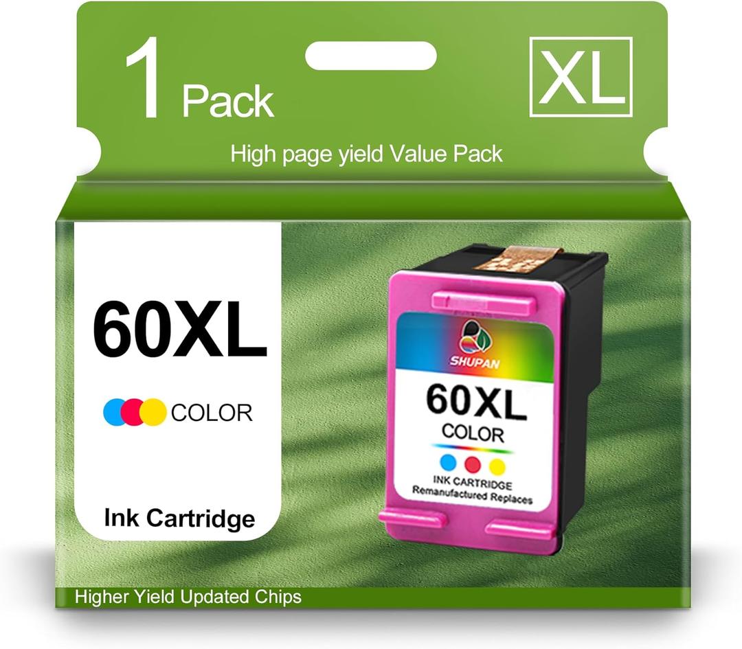 SHUPAN 60XL Color Ink Cartridge Replacement for HP 60 60 XL Ink Work for PhotoSmart C4780 C4680 C4795 C4650 DeskJet F4480 F4440 F4280 Envy 110 Printer (1 Tri-Color)