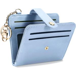 Small Wallets Woman RFID Blocking Leather Credit Card Holder - with ID Window - Card Wallets for Women - with Zipper Coin Purse - Keychain Wallet (Blue)