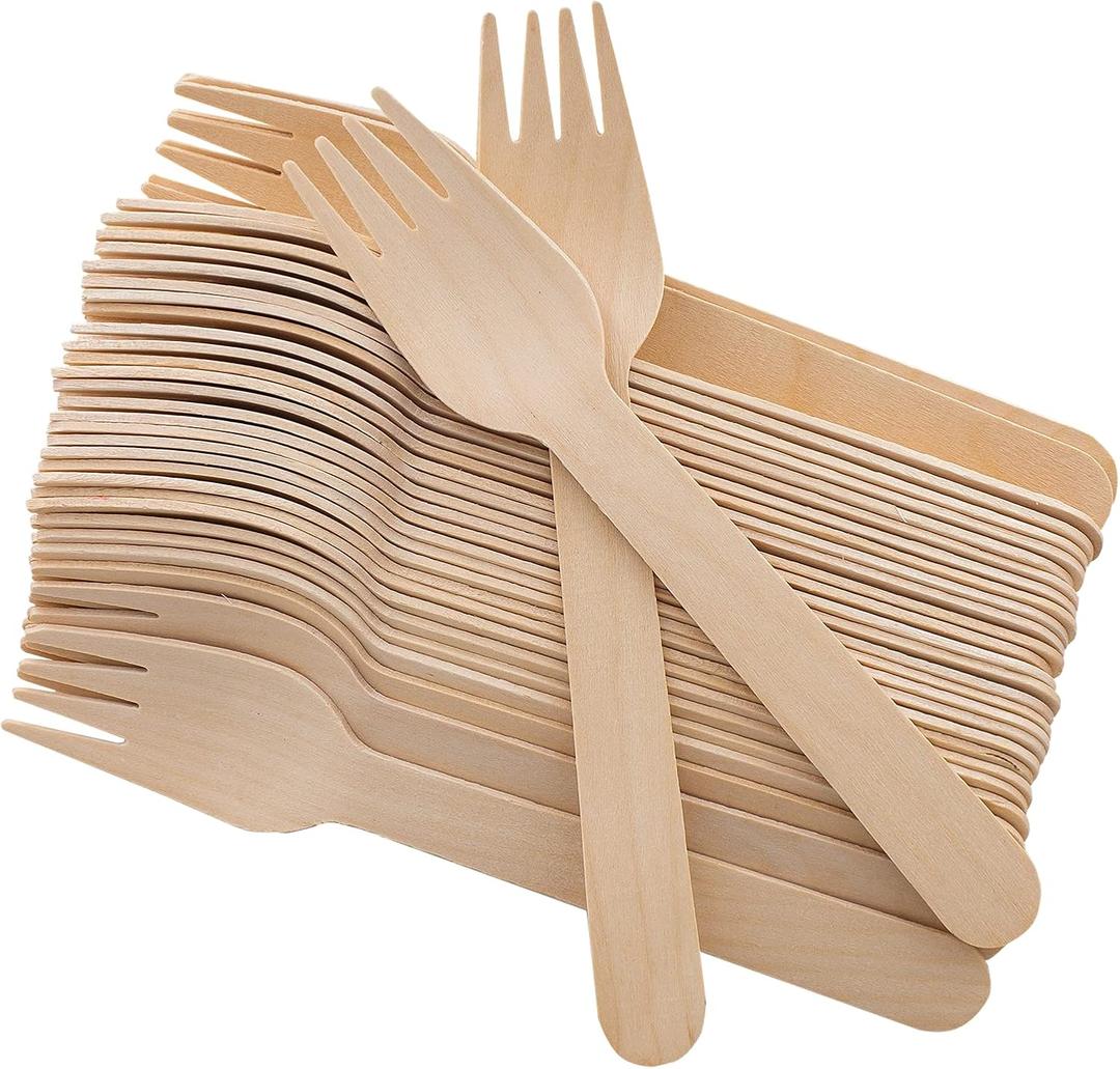  Disposable Wooden Forks -Pack of 100, 6.5" Length-Biodegradable, Natural Wooden Utensils, Great for Parties, Camping, Weddings & Dinner Events (Forks)