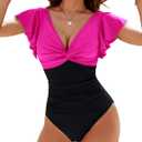 Blooming Jelly Women's Tummy Control Swimsuit V Neck One Piece Bathing Suits Slimming Lace-up Ruffle Swimwear (XL, Black and Pink)