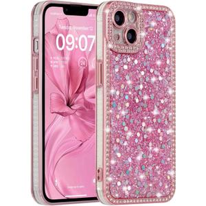 FABSPARK Case for iPhone 15 Plus,Glitter Crystal Diamond Rhinestones Sequin Shiny Bling Sparkly Glossy Luxury Electroplated Case,Aesthetic Cute Full Protection for iPhone 15 Plus,Pink